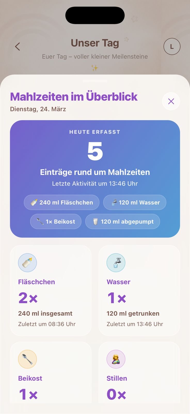 Lotti Baby App – Mahlzeiten im Überblick